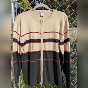 Dressbarn Women's Zip-Up Cardigan - Black, Tan, Red Stripes